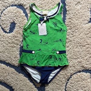 The Beaufort Bonnet Company Green and Navy Duck Print One Piece